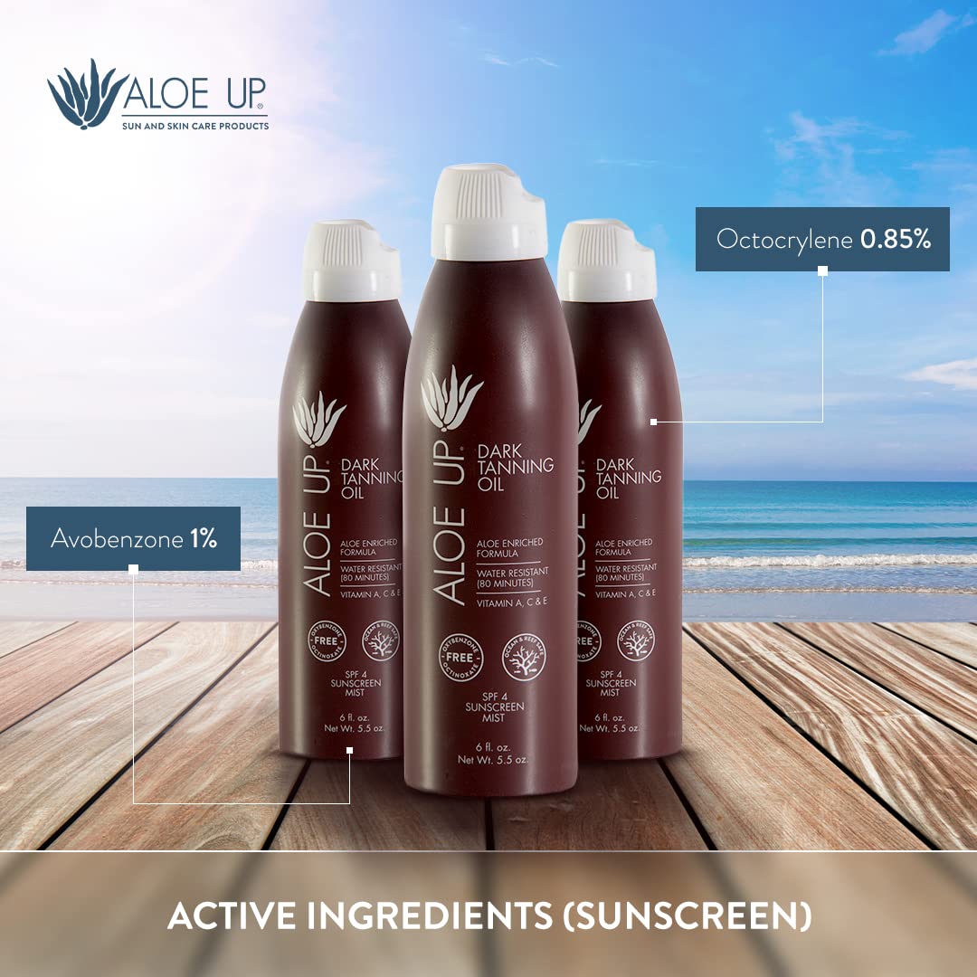 Aloe Up SPF 4 Dark Tanning Oil - Body and Face Tanning Continuous Spray for Outdoor Sun - With Sunscreen, Pure Aloe Vera, and Natural Oils - Dries Clear - Reef Friendly - Fresh Tropical Scent - 6 Oz : Golf Bag Accessories : Beauty & Personal Care