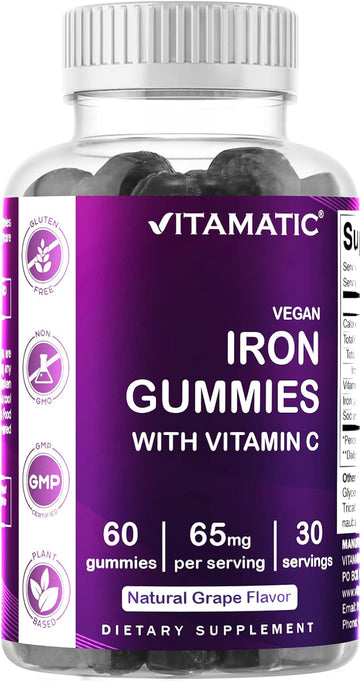 Vitamatic Iron 65 Mg Gummies Supplement For Women & Men - 60 Vegan Gummies - Great Tasting Iron Gummy Vitamins With Vitamin C (1)