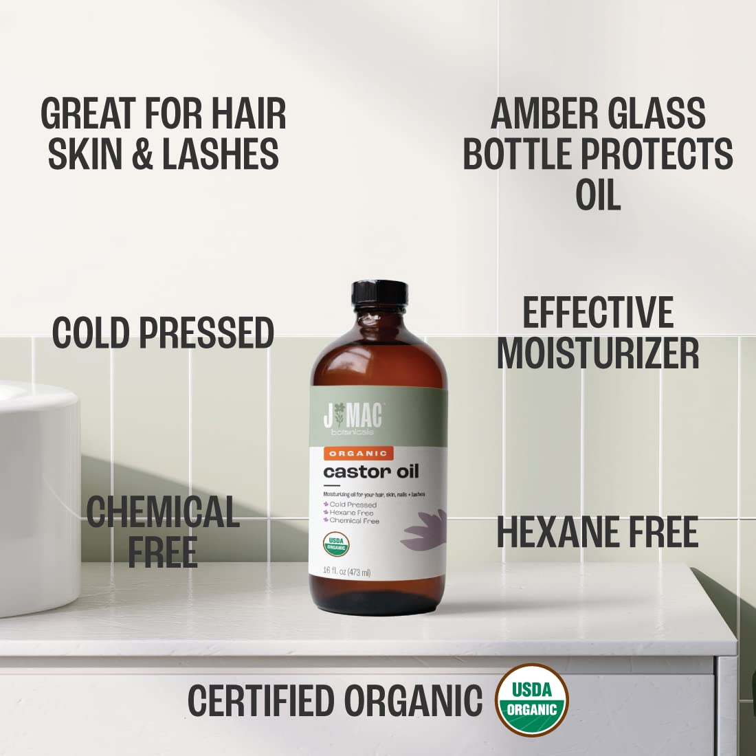 J MAC BOTANICALS, Organic Castor Oil Cold Pressed (Glass Bottle, 16 oz) pure unrefined, hexane free for face, skin, eyelashes, pack wraps, pads : Health & Household