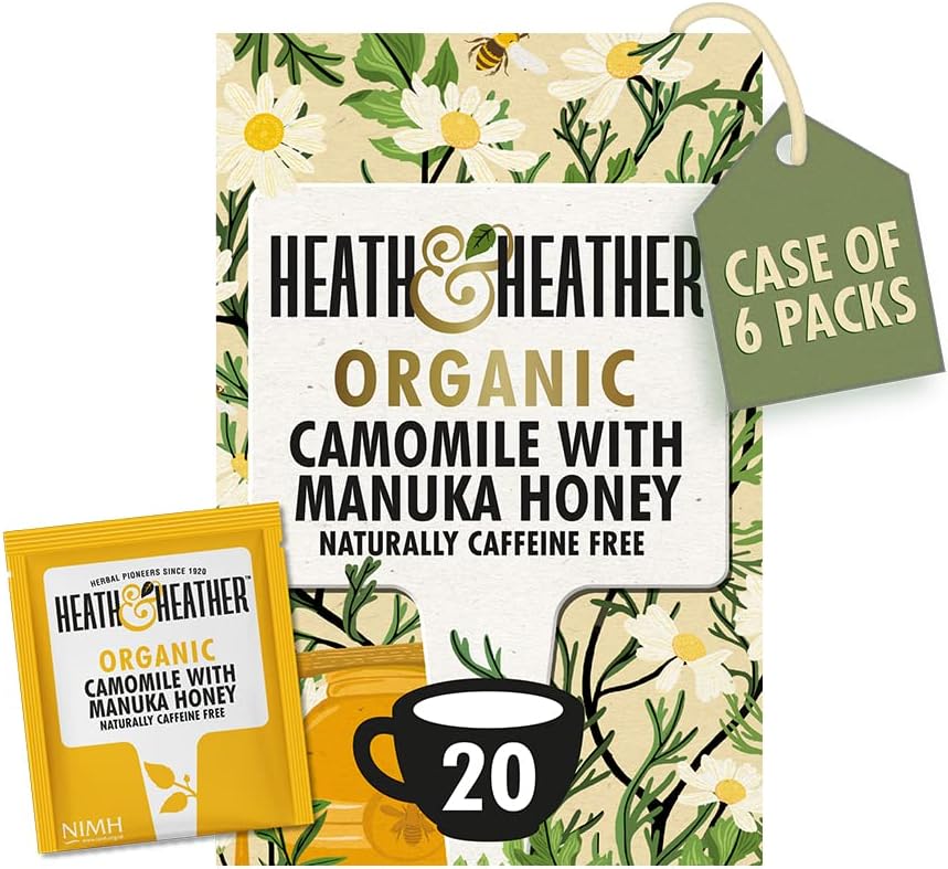 Heath & Heather Organic Camomile And Manuka Honey Teabags (6 Packs Of 20, Total 120) Individually Wrapped Caffeine-Free Herbal Tea Infusions