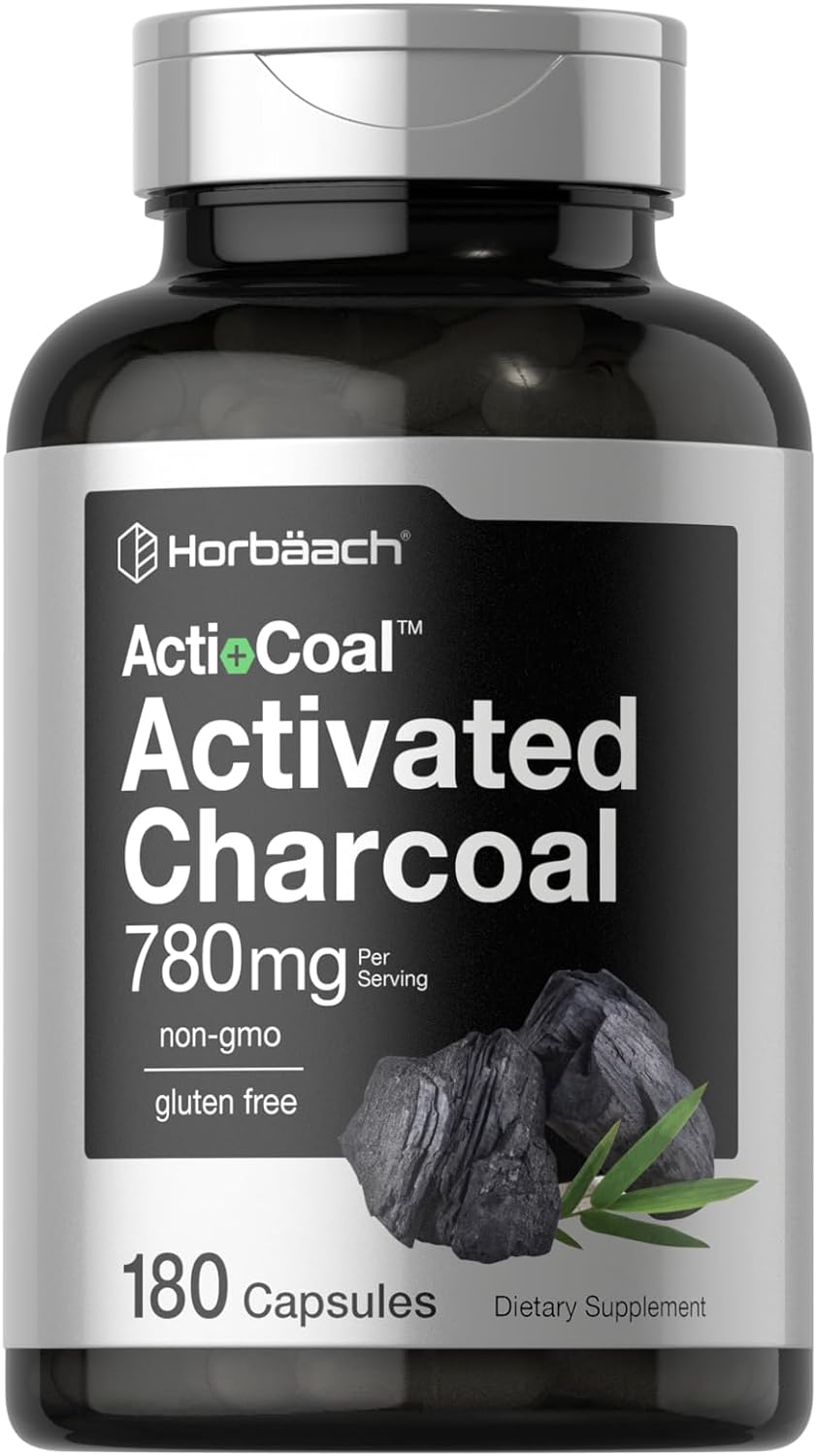 Horbaach Charcoal Pills 780mg | 180 Capsules | Activated Charcoal from Coconut Shells | Non-GMO and Gluten Free