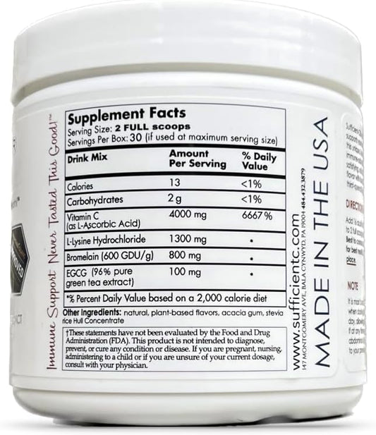 Sufficient-C High-Dosed 4000 mg. Vitamin C Lemon Peach Immune-Ade Drink Mix 250 gram Size - Refreshing with Generously Dosed L-lysine, Bromelain & 96% Pure, Caffeine-Free Green Tea Extract
