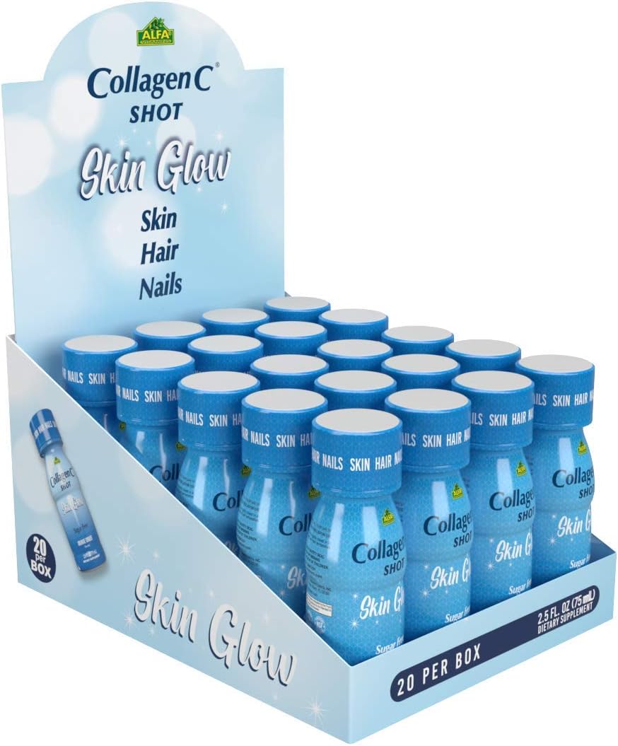 CollagenC - skin glow shot 20 pack - Collagen 10g, Vitamin c 1000mg, Biotin 1000mcg, Vitamin D 800 IU - Natural Orange-Ginger Flavor 2.5oz Bottle - 20 Pack