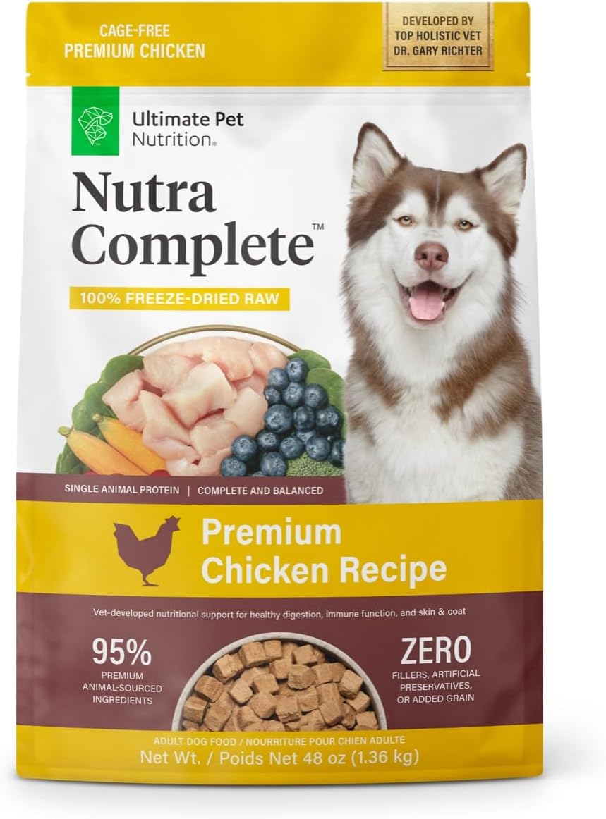 ULTIMATE PET NUTRITION Nutra Complete, 100% Freeze Dried Veterinarian Formulated Raw Dog Food with Antioxidants Prebiotics and Amino Acids, (3 Pound, Chicken)