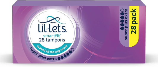 Lil-Lets Non-Applicator Super Plus Extra Tampons, 28 Count (1 Pack), for Very Heavy Flow, 5 Droplets, Plant-Based, SmartFit Non-App Tampon