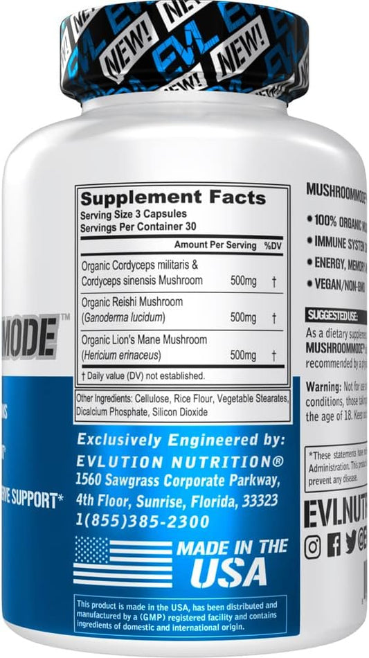 Vegan Organic Mushroom Supplement Capsules - Organic Lions Mane Mushroom Capsules with Cordyceps and Reishi Mushroom Blend - Nootropics Brain Support Supplement for Focus and Energy - 30 Servings