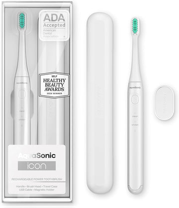 Aquasonic Icon Ada-Accepted Rechargeable Toothbrush | Magnetic Holder & Slim Travel Case | 2 Brushing Modes & Smart Timers | Gentle Micro-Vibrations (Pearl)