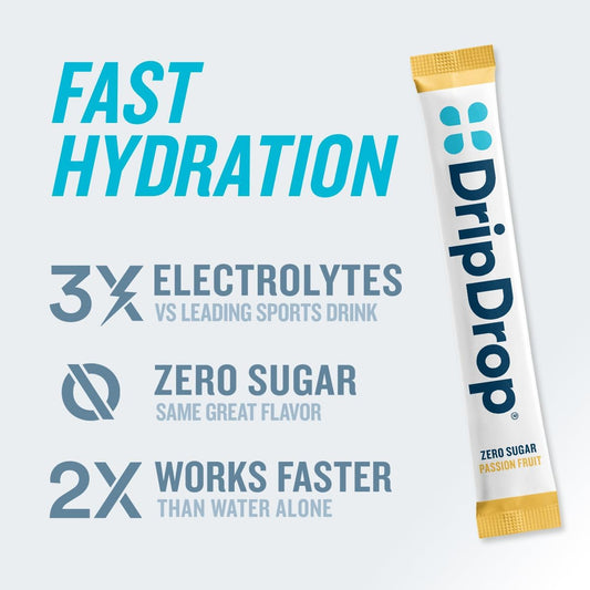 Dripdrop Hydration - Zero Sugar Passion Fruit - Electrolyte Drink Mix Single Serve Hydration Powder Packets | Keto & Paleo Friendly | Non-Gmo, Gluten Free, Vegan | 32 Sticks