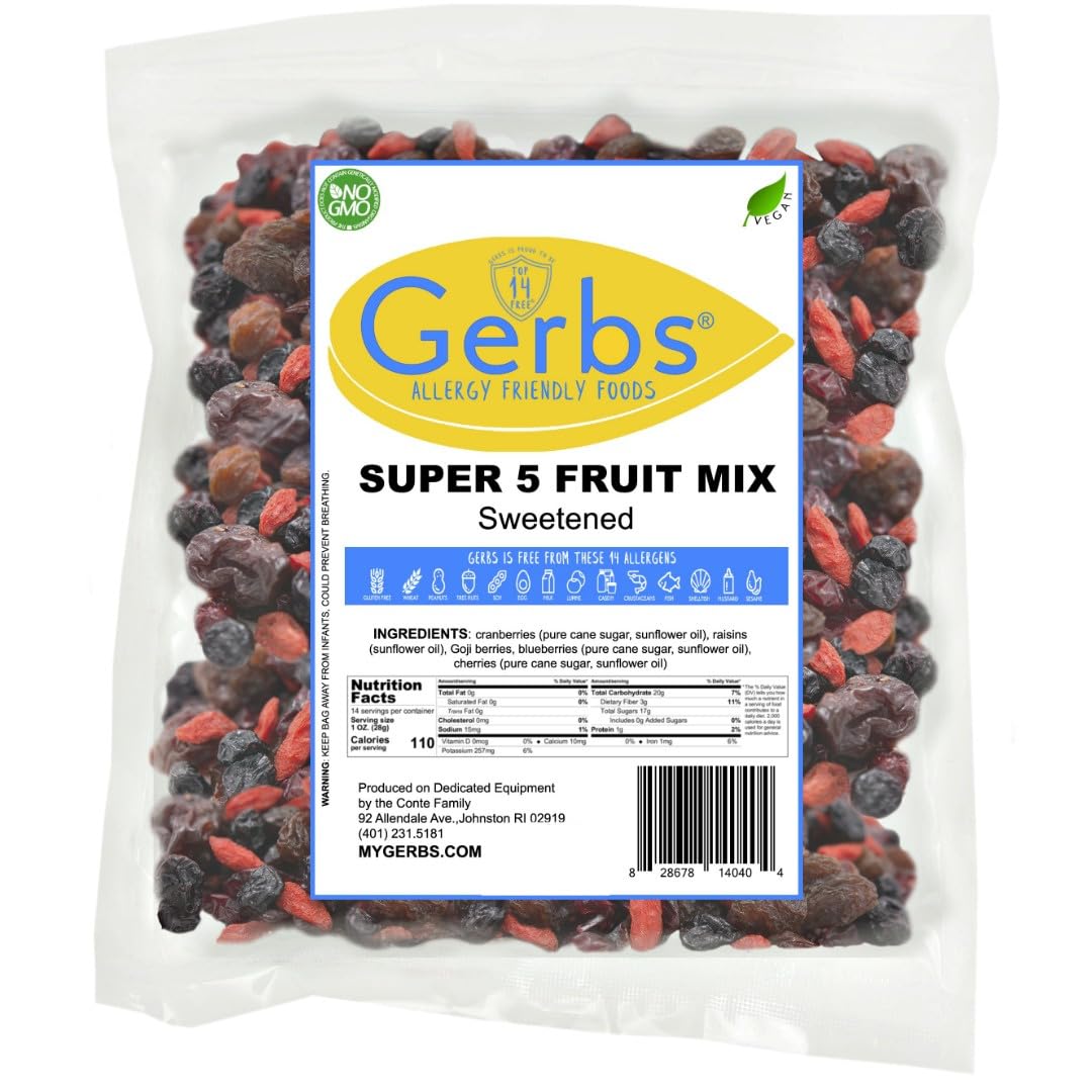 GERBS Super 5 Dried Fruit Snack Mix 14 Oz. Premium | Top 14 Food Allergy Free | Resealable Bulk Bag | Made in USA | Dried Blueberry Cranberry Cherry Raisin Goji Berries Trail Mix | Gluten Peanut Free