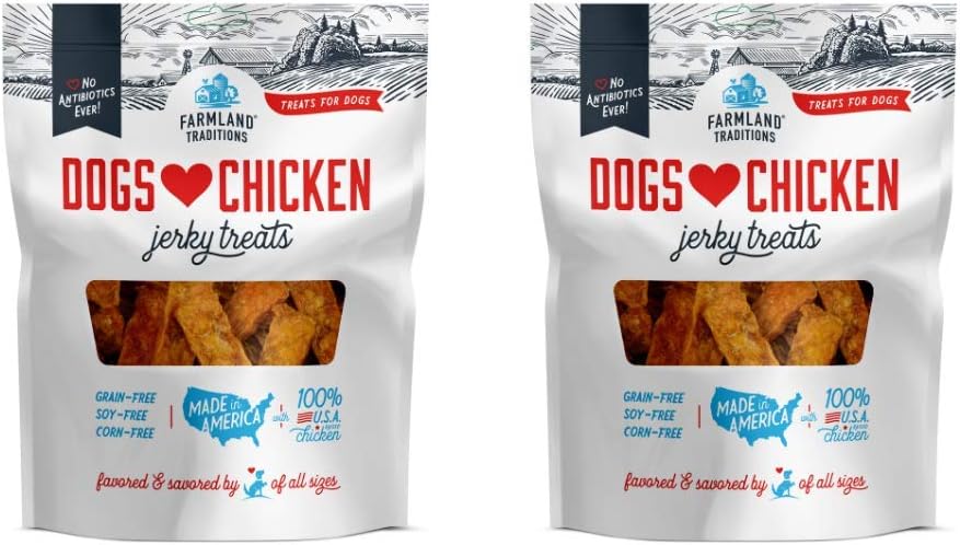 Farmland Traditions Dogs Love Chicken Premium Two Ingredients Jerky Treats for Dogs (2 Bags x 1 lb. Each No Antibiotics Ever USA Raised Chicken)