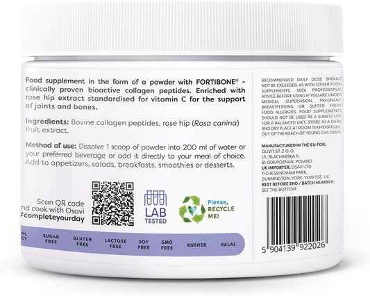 Osavi Collagen Joints & Bones – 153 G Powder | Fortibone® Collagen Peptides & Rose Hip Extract For Joint Mobility, Bone Health, Bone Density, Flexibility Formation With Vitamin C