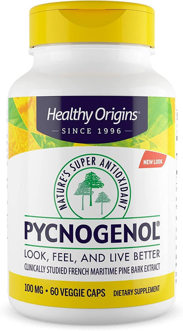Healthy Origins Pycnogenol 100 mg - Premium Pine Bark Extract - French Maritime Pine Bark Extract for Heart Health, Skin Care & More - Gluten-Free & Non-GMO Supplement - 60 Veggie Caps