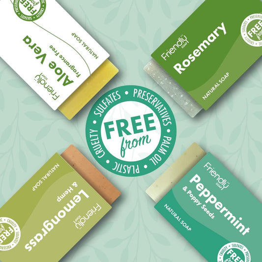 Friendly Soap - Natural Soap Selection, Leafy & Herbaceous (4 X 95G), Aloe Vera, Peppermint & Poppy Seeds, Lemongrass, Rosemary, Cruelty Free, No Palm Oil, No Preservatives, No Sulphates