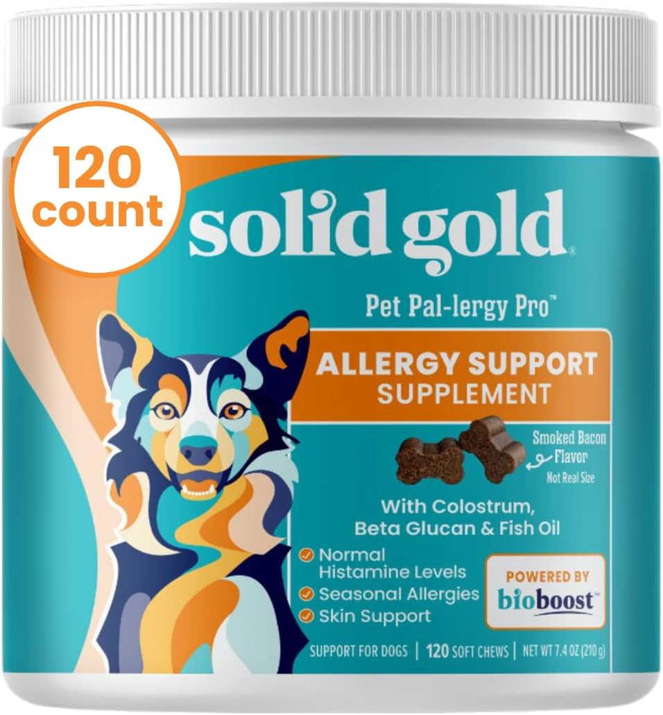 Solid Gold Dog Allergy Chews - Itch Relief with Wild Alaskan Salmon Oil, Colostrum & Beta Glucan - Anti-Itch for Seasonal Allergies - Bacon Flavor - 120 Count