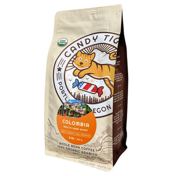 Candy Tiger Usda Organic Medium To Dark Roast Whole Bean Single Origin Coffee From Colombia. Mild Acidity, Direct Trade, Hand-Picked, Classic Artisan Roast, Gourmet Colombian Beans 2 Lb