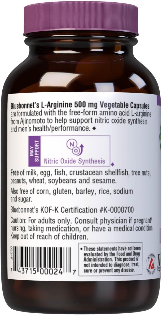 Bluebonnet Nutrition L-Arginine 500Mg, Free-Form Amino Acid, Nitric Oxide Precursor, Soy-Free, Gluten-Free, Non-Gmo, Kosher Certified, 50 Vegetable Capsules, 50 Servings : Health & Household