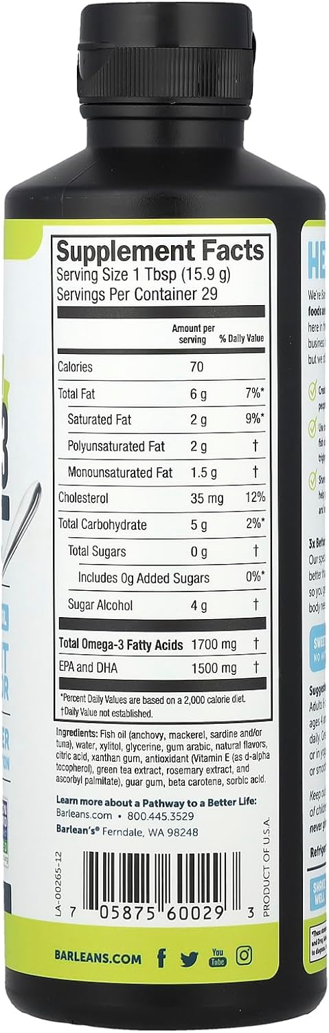 Barlean'S Citrus Sorbet High Potency Omega 3 Fish Oil Liquid Supplement, 1500Mg Of Epa & Dha Fatty Acid, Smoothie Flavored & Burpless For Brain, Joint, & Heart Health, 16 Oz