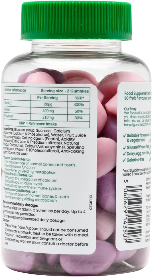 Chewy Vites Adult Bone Support 50 Vitamin Gummies, 400Mg Calcium Gummies With 20 Mcg Vitamin D3, For Bones, Teeth & Muscle Function, 2-A-Day, Vegan, Mix Of Wild Cherry And Strawberry Flavour