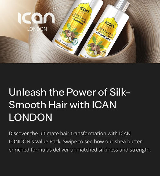 Ican London Shea Butter Sulfate Free Cleansing Cream Shampoo + Sulfate Free Hydrating Cream Conditioner Duo Pack 500Ml Each