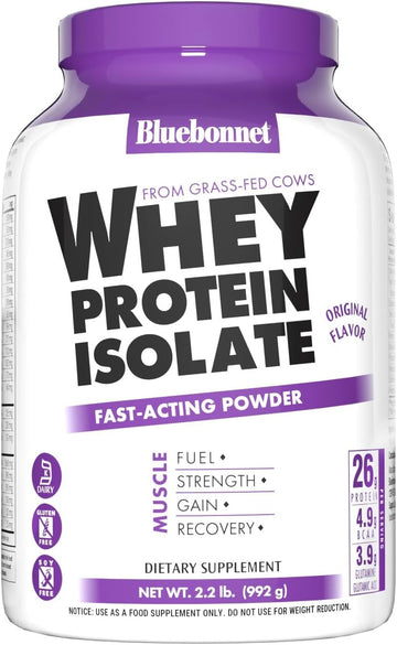 Bluebonnet Nutrition Whey Protein Isolate Powder, Whey From Grass Fed Cows, 26 Grams Of Protein, No Sugar Added, Gluten Free, Soy Free, Kosher Dairy, 2.2 Lbs, 32 Servings, Original Unflavored