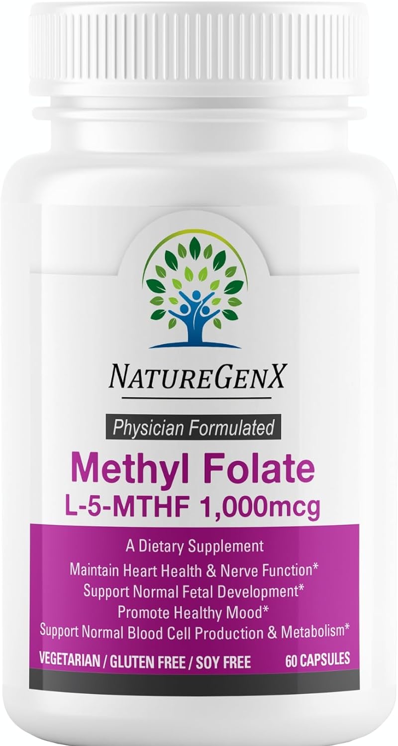 NatureGenX Methylfolate MTHRF Supplement - 1000 mcg Bioactive Vitamin B9 (5-MTHF) - Supports Pregnancy & Fetal Health - 60 Capsules - Gluten-Free