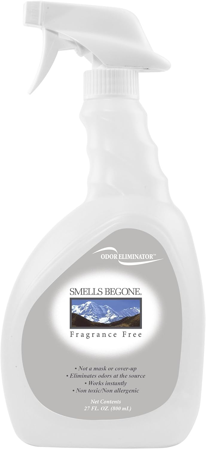 SMELLS BEGONE Odor Eliminator Spray - Air Freshener - Eliminates Odors from Trash Cans, Smoke, Pets, Cars and Bathrooms - Fragrance Free - 27 Ounce