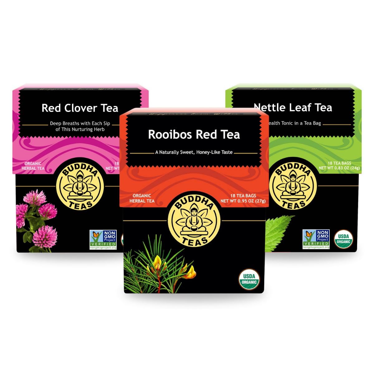 Buddha Teas - Organic Allergy Tea Bundle - With Red Clover Tea, Rooibos Red Tea & Nettle Leaf Tea - Antioxidants & Minerals - Health & Wellness - Clean Ingredients - Ou Kosher & Non-Gmo - Pack Of 3