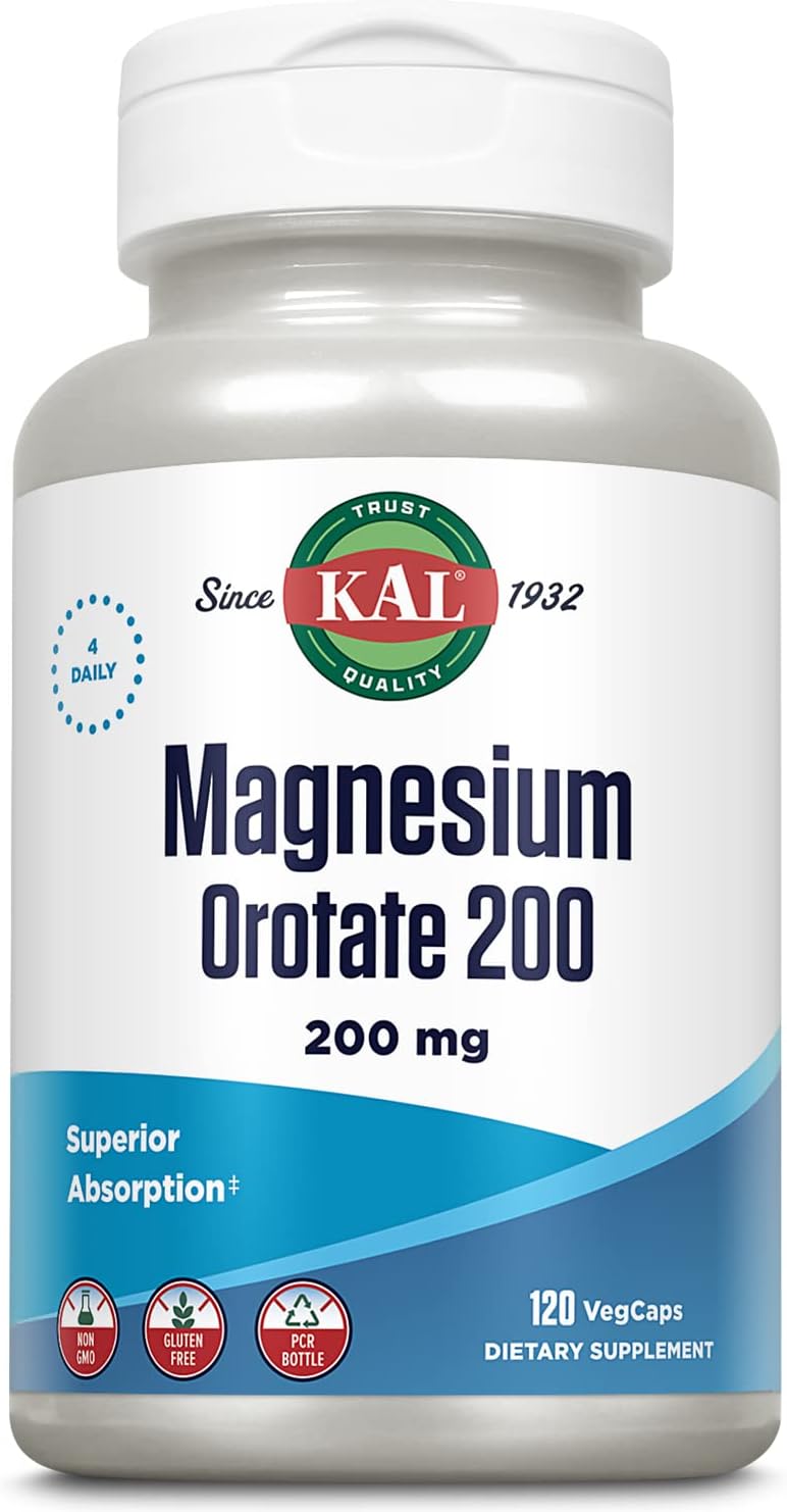 Kal Magnesium Orotate 200 Mg, Superior Absorption Formula, Chelated Magnesium For Healthy Bones, Teeth, Nerve And Muscle Function, Vegetarian, Non-Gmo, Gluten Free, 30 Servings, 120 Vegcaps