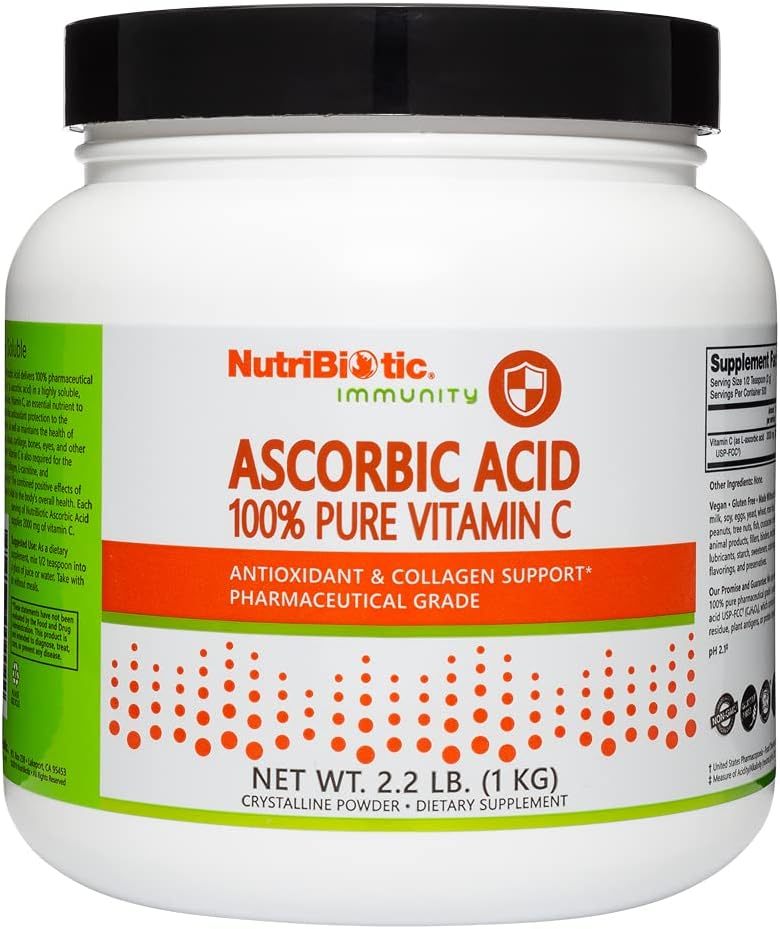 Nutribiotic Ascorbic Acid Vitamin C Powder, 2.2  | Pharmaceutical Grade L-Ascorbic Acid, 2000 Mg Per Serving | Essential Immune & Antioxidant Collagen Support Supplement | Vegan, Gluten & Gmo Free