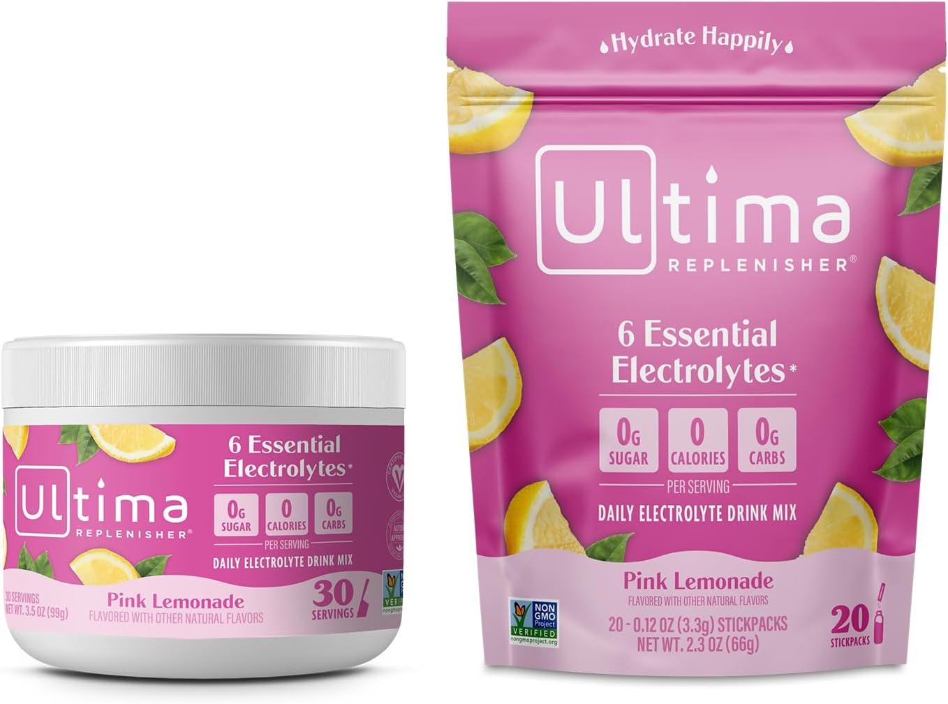 Ultima Replenisher Electrolyte Drink Mix Bundle – Pink Lemonade, 30 Serving Canister & 20 Stickpacks – 6 Electrolytes & Minerals – Keto Friendly, Vegan, Non-Gmo & Sugar-Free Electrolyte Powder