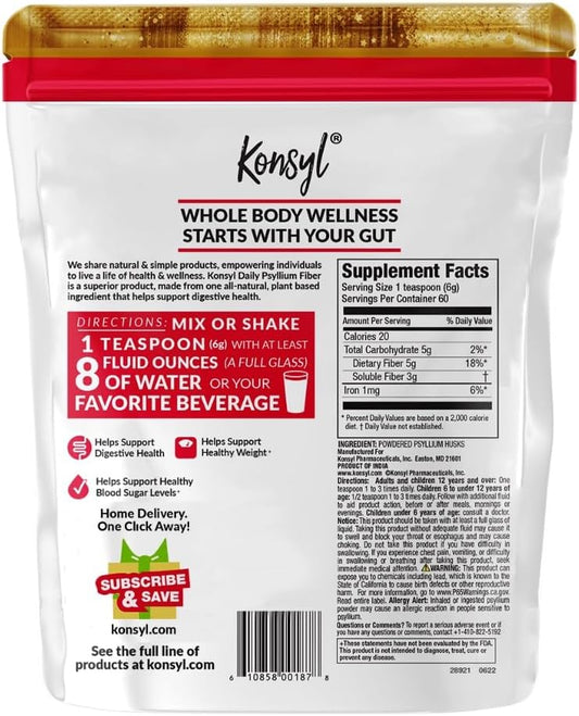 Konsyl Daily Psyllium Fiber, 3 Pack, 360g Gusset Bag, Gluten Free, Non GMO, Keto Friendly, Unflavored, Easy Mixing Fiber