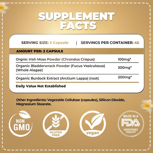 Organics Nature Irish Sea Moss Capsules 45 Servings | High Potency Sea Moss Pills | Immunity Sea Moss Supplement For Lung Detox, Energy, Bone & Joint Support 90 Vegan Capsules