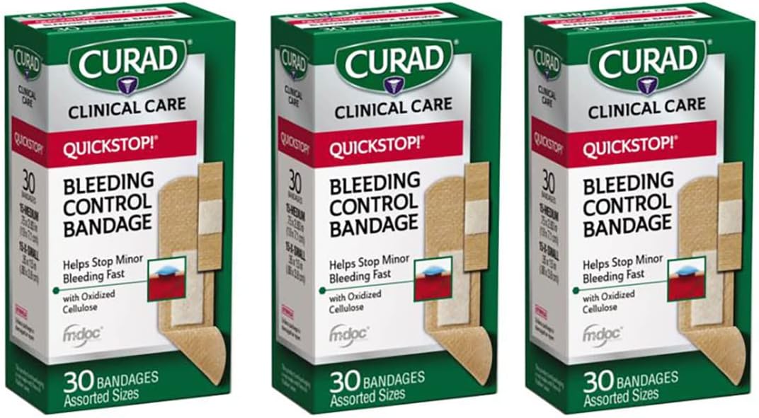 Curad Quickstop Flex-Fabric Bandages, Quickstop Bleeding Control Technology, Assorted Sizes, 30 Count (Pack Of 3)