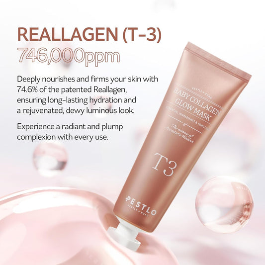 Pestlo Baby Collagen Glow Mask - Korean Peel Off Mask Skincare Infused With Reallagen/T3 Vegan Collagen, Aginon, Volufiline, For Elasticity, Firmness, Glow Skin, And Optional Overnight Use