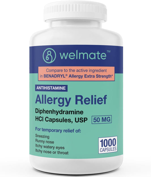 Welmate Allergy Relief | Diphenhydramine 50 Mg | 1000 Count Capsules | Antihistamine - Non-Drowsy Relief - Allergy & Cold Symptoms - Sneezing, Runny Nose, Itchy Eyes & Throat