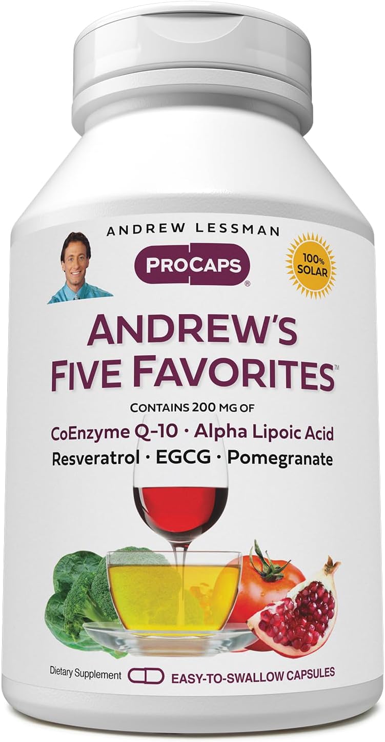 Andrew Lessman Andrew'S Five Favorites 120 Capsules - Provides 200Mg Each Of Coenzyme Q-10, Resveratrol, Egcg, Pomegranate And Alpha Lipoic Acid, Powerful Anti-Oxidant Support, No Additives