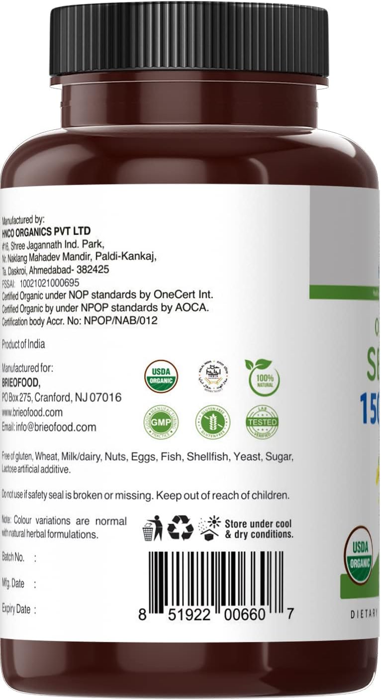 Brieofood Organic Senna 1500Mg, 45 Servings, Vegetarian, Gluten Free, 90 Vegetarian Tablets : Health & Household