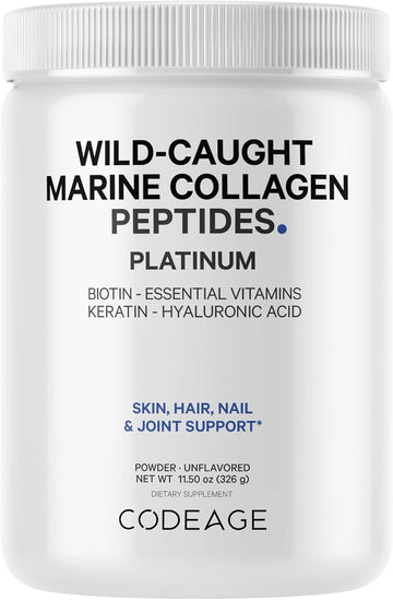 Codeage Marine Collagen Protein Powder Supplement, Biotin 10,000 Mcg, Vitamin C, D3 & B6, Keratin, Hyaluronic Acid, Niacin, Wild Caught Hydrolyzed Fish Collagen Peptides, Hair, Skin, Joints, 11.50 Oz