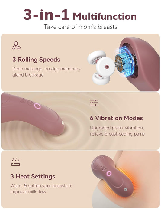 Momcozy Rolling Lactation Massager With Heat, 3-In-1 Real-Like Massage For Relieve Clogged Ducts, Breast Massager Warming For Breastfeeding, Improve Milk Flow, Dusty Rose