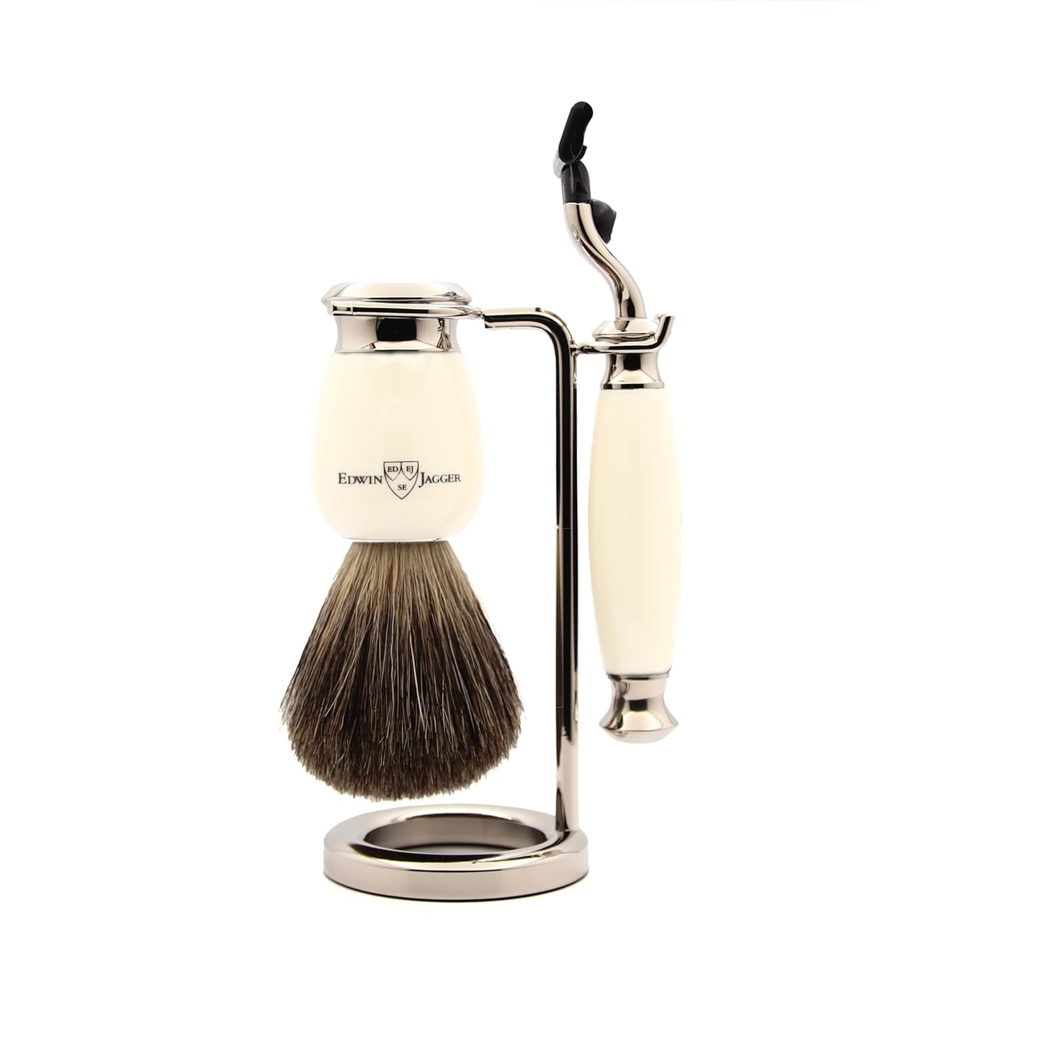 Edwin Jagger S81M582Amz Imitation Light Horn & Nickel Classic Shaving Set With Pure Badger Shaving Brush And Mach 3 Razor For Shaving Cream Or Soap For Men