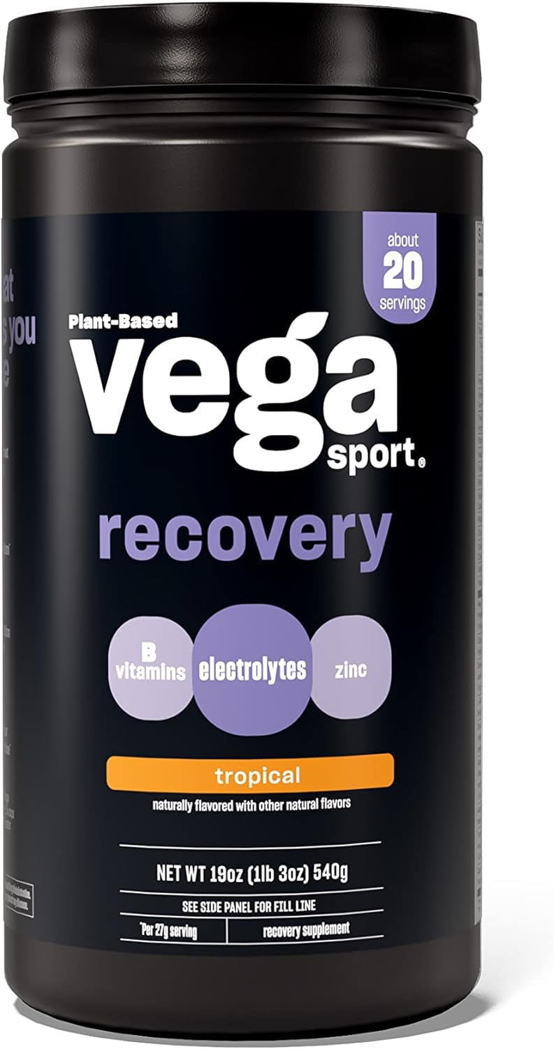Vega Sport Recovery, Tropical - Post Workout Recovery Drink for Women & Men, Electrolytes, Carbohydrates, B-Vitamins, Vitamin C and Protein, Vegan, Gluten Free, Dairy Free, 1.2 lbs