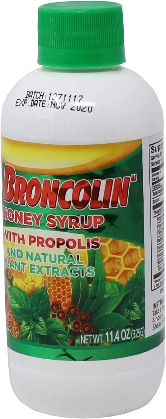 Broncolin Honey Syrup with Propolis, Syrup with Natural Plant extracts to Refresh Your Throat, Natural Ingredients, Elderberry, Eucalyptus, Peppermint Oil, 11.4 Oz, Bottle