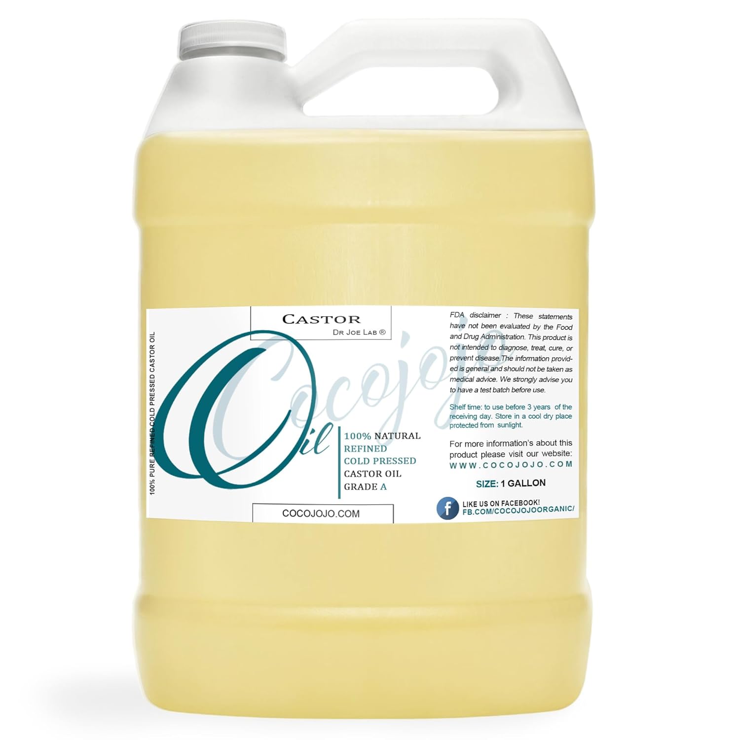 cocojojo 1 Gallon Pure Castor Oil - Hair Skin Nails Cuticles Dry Skin Pure Natural Cold Pressed Refined Cracked Heels Eyelashes Moisturizer, Hair Premium Grade