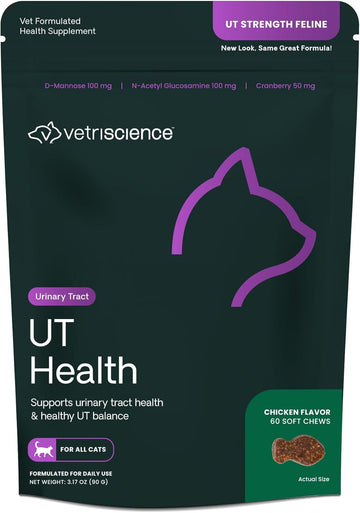 Vetriscience Ut Health Chews, Ut Strength Cranberry And D-Mannose Bladder & Urinary Tract Supplement For Cats, With Bromelain And Probiotics, Chicken, 60 Count