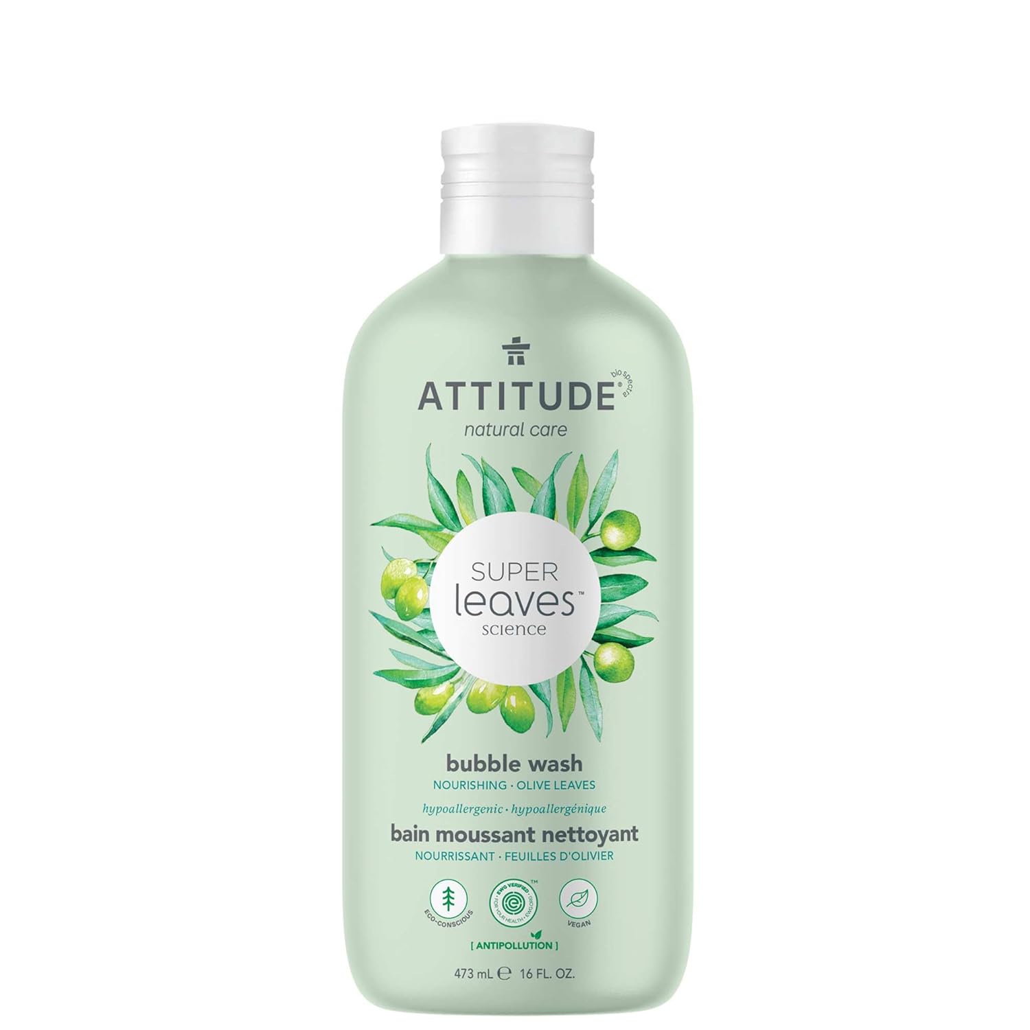 Attitude Bubble Bath, Ewg Verified, Plant And Mineral-Based, Dermatologically Tested, Vegan Body Care Products, Olive Leaves, 16 Fl Oz