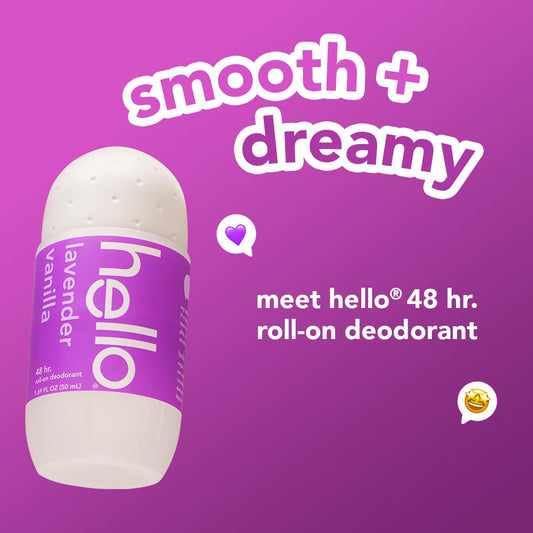hello Lavender Vanilla Roll On Deodorant, Aluminum Free Deodorant for Women + Men, 48 Hour Non Sticky Formula, Dries Quick and Leaves No White Residue, Travel Deodorant, 2 Pack, 1.69 oz Tubes