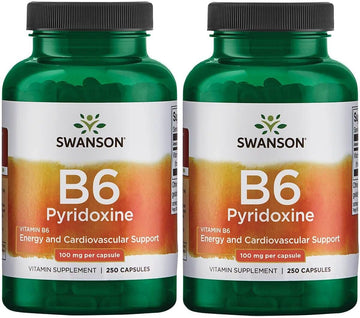 Swanson B6 Pyridoxine - Vitamin Supplement Promoting Cardiovascular Health & Energy Metabolism - Natural Formula Promoting Overall Wellness - (250 Capsules, 100Mg Each) 2 Pack