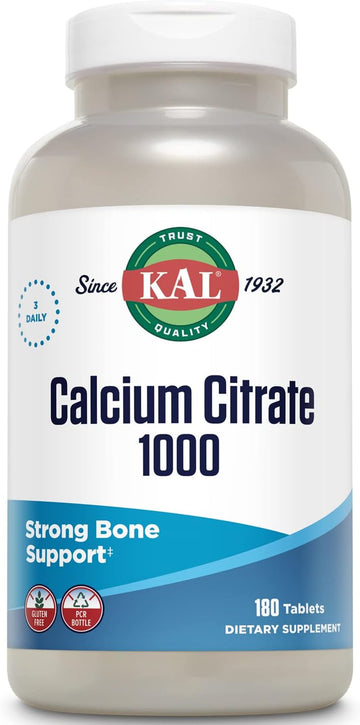 Kal Calcium Citrate 1000Mg, Calcium Supplements For Women And Men, Bone Health, Teeth, Nervous, Muscular & Cardiovascular System Support, Gluten Free And Lab Verified, 60 Servings, 180 Tablets