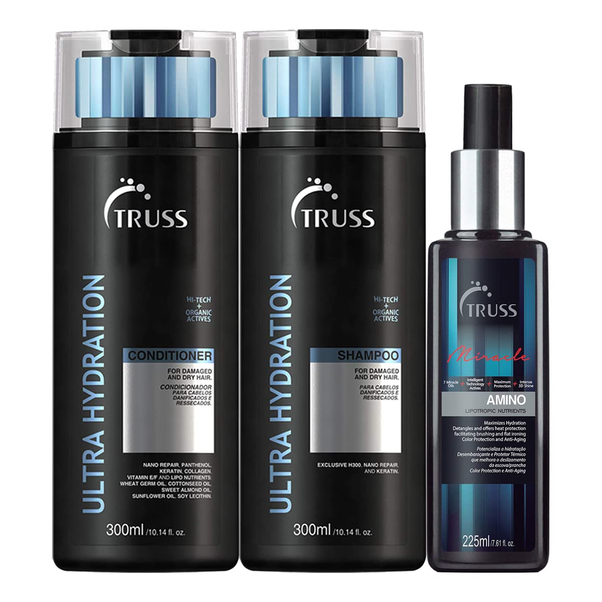 Truss Ultra Hydration Shampoo And Conditioner Set Bundle With Amino Miracle Heat Protectant Hair Spray