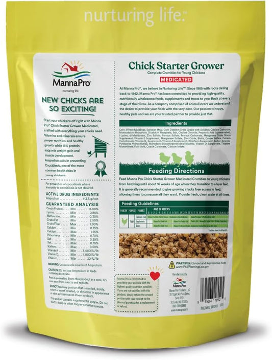 Manna Pro Chick Starter Grower - Medicated Chick Feed Crumble For Young Chickens - Formulated With Amprolium - 5 Lbs